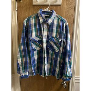 Vintage Five Brothers Thick Flannel Button Up Shirt XL Shacket Blue Green Yellow